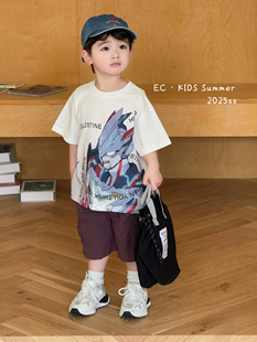 EC潮牌尔菲梵童装2025年夏季男童纯棉儿童机甲印花T恤酷炫短袖