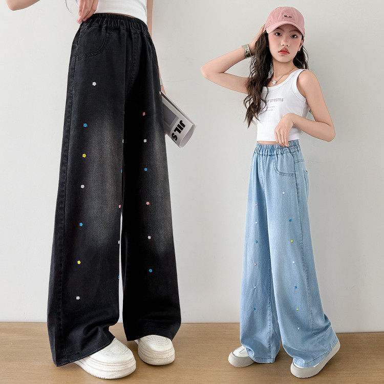牛仔布刺绣微弹夏季女裤子牛仔裤女童中大童装长裤新款宝宝衣服