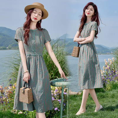 时尚格子连衣裙女中长款2025夏新款高腰修身洋气减龄休闲棉麻裙子