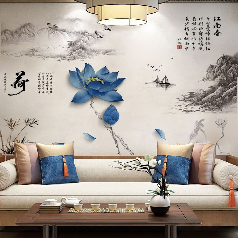 古风墙贴自粘3d立体贴画中国风背景墙山水画墙面装扮客厅墙面贴画