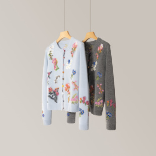 上衣时尚 CHAO漂亮彩虹扣 圆领多色提花开衫 新款 百搭通勤风 秋季