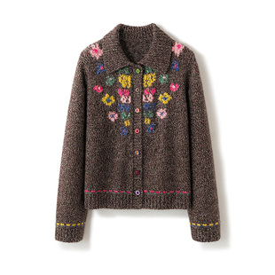 多巴胺复古刺绣花朵针织开衫女长袖POLO领纽扣羊绒百搭毛衣外套