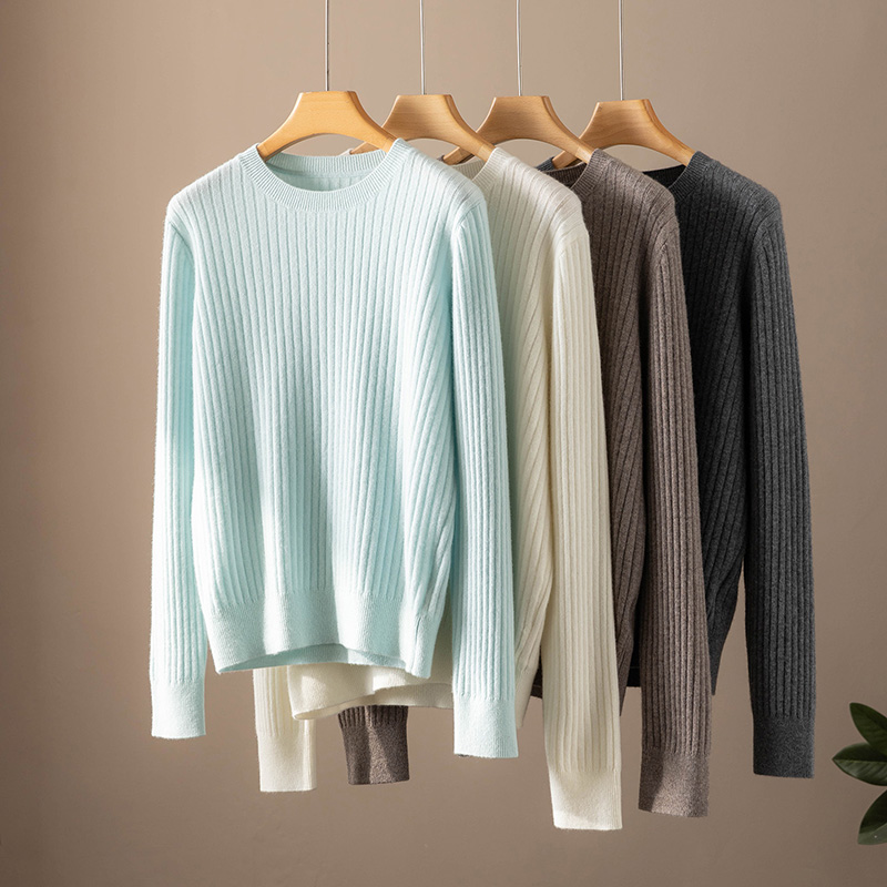 极简风25秋冬季新款女圆领100%纯羊绒坑条针织衫宽松打底衫毛衣