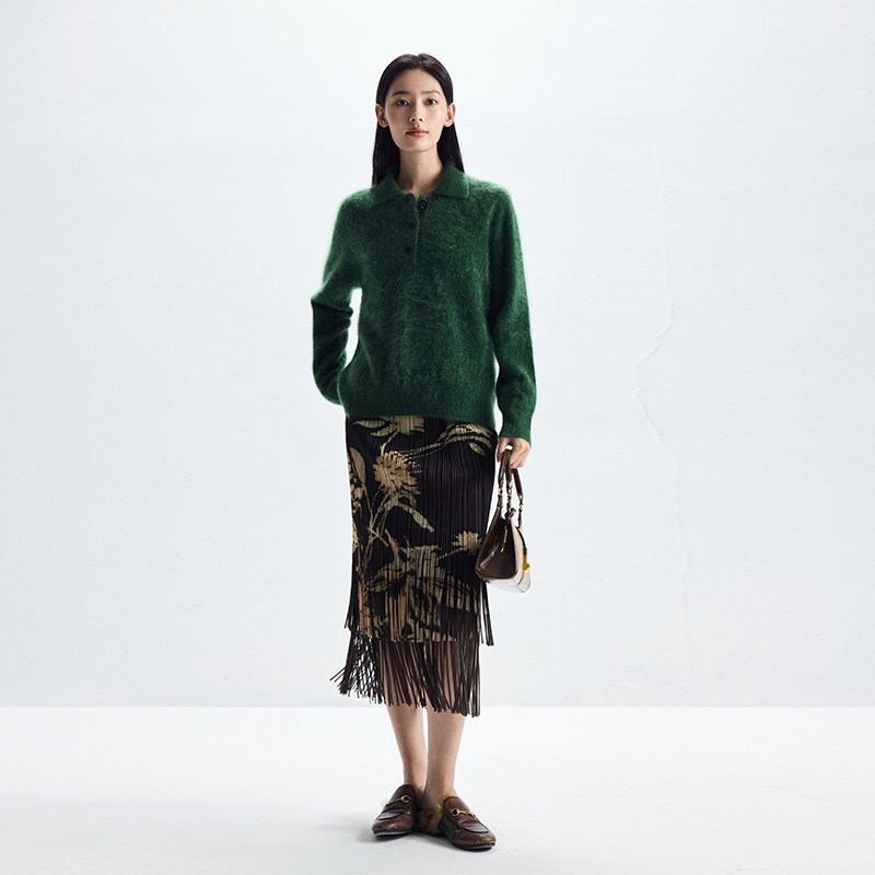 超美墨绿色！polo领拉毛上衣套头衫纯羊绒通勤百搭柔软超舒适