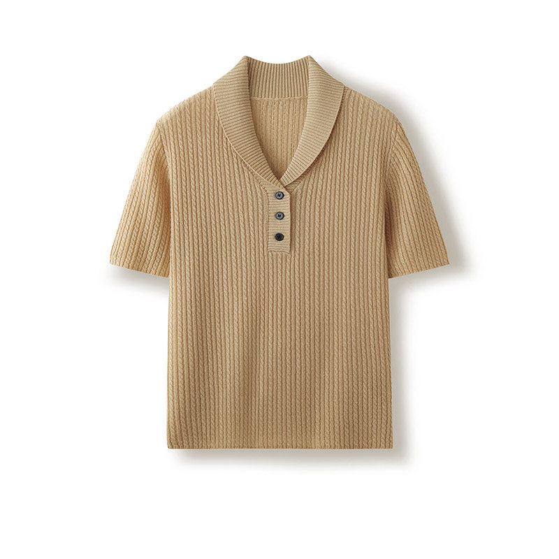 老钱风穿搭 韩版翻领麻花纹针织短袖套头三粒扣气质百搭上衣