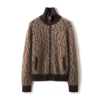 25年秋冬季新款拉毛羊绒豹纹全拉链针织开衫女立领毛衣外套宽松