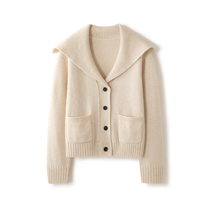 大翻领针织开衫100%山羊绒女双口袋毛衣外套通勤宽松百搭米色上衣,女装/女士精品,毛针织衫,淘宝优惠券,粉丝福利购,淘宝优惠卷