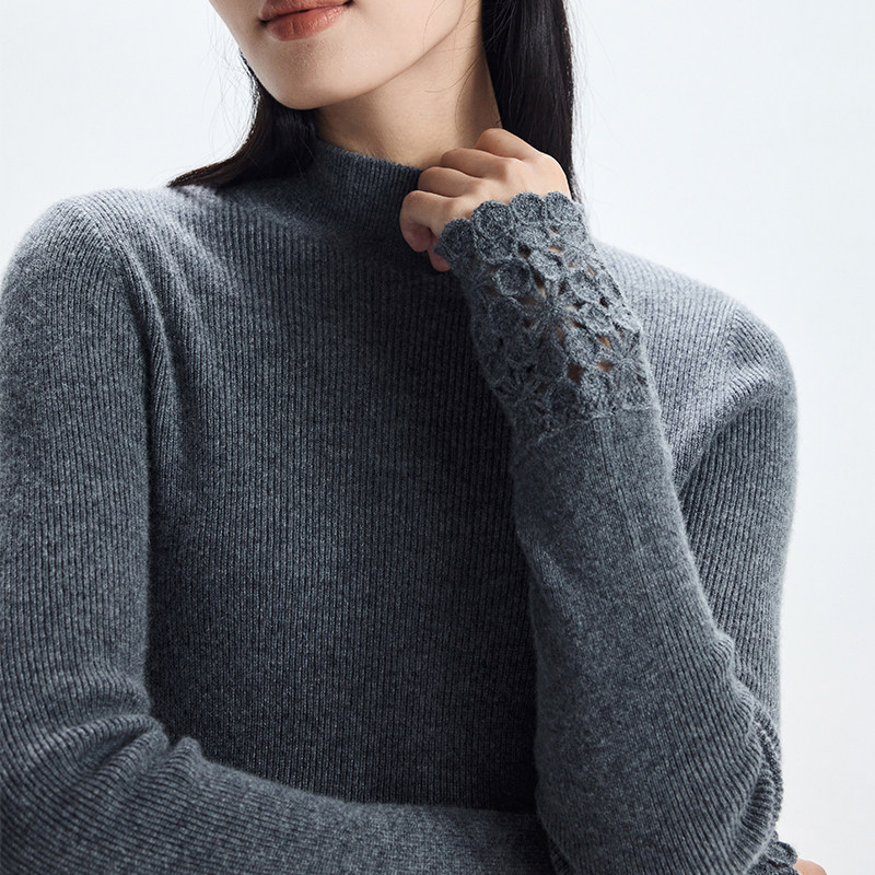 2025年秋季新款钩花修身洋气气质高级感袖口拼接蕾丝刺绣女针织衫