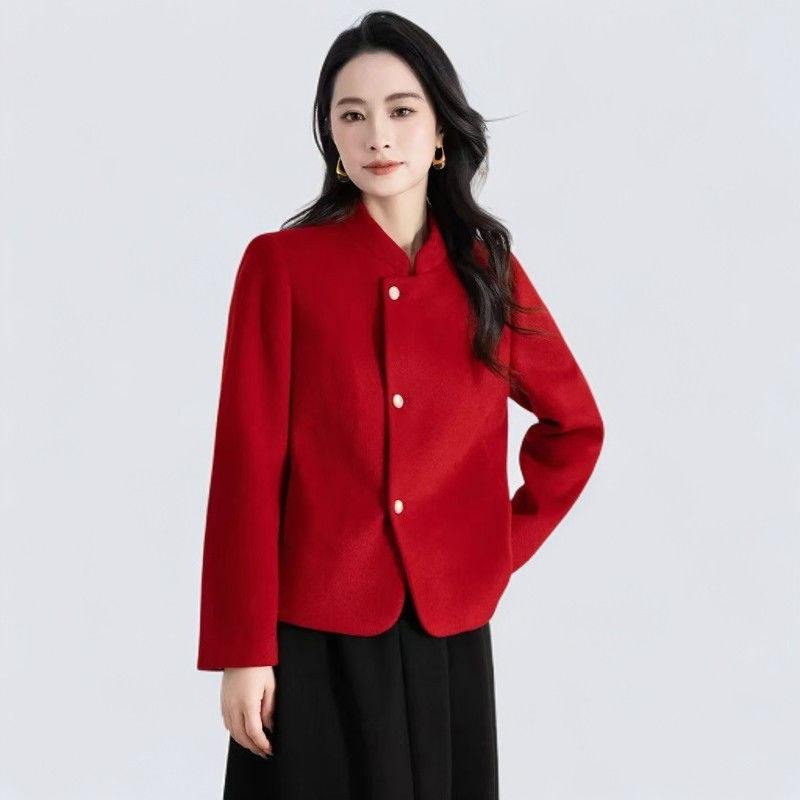超好看小香风立领短外套女士红色上衣2026新款春秋有内衬毛呢外套