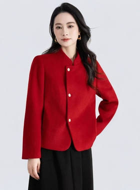 超好看小香风立领短外套女士红色上衣2026新款春秋有内衬保暖毛呢