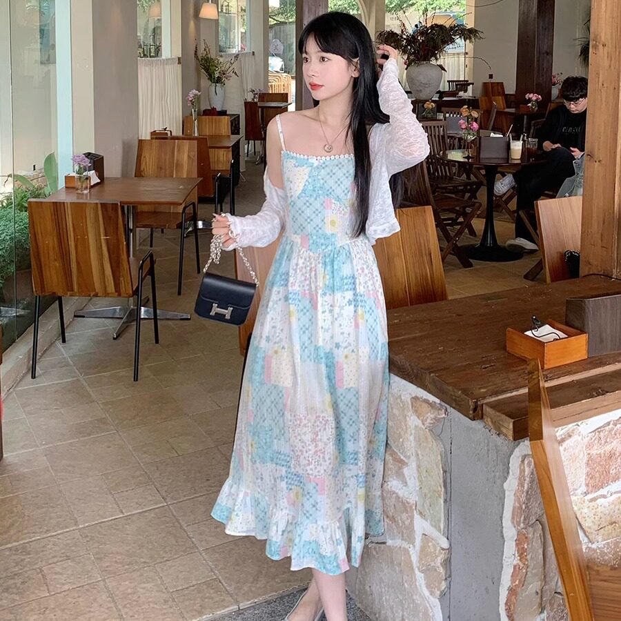 云南旅游穿搭套装镂空防晒罩开衫吊带连衣裙女装夏季印花两件套
