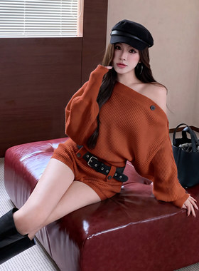 秋冬新款辣妹斜肩毛衣三件套女