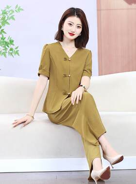 中年母亲气质国风麻大码开衫套装洋气九分裤妈妈装阔太太时尚女装