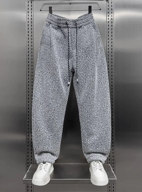 秋冬加绒斜条纹银丝直筒哈伦裤潮牌条绒阔腿裤子松紧腰休闲运动裤