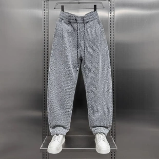 秋冬加绒斜条纹银丝直筒哈伦裤潮牌条绒阔腿裤子松紧腰休闲运动裤
