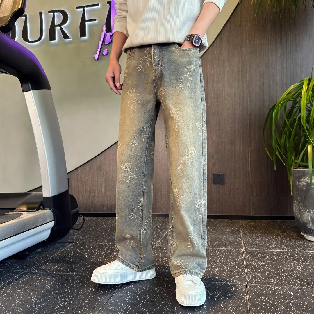 美式复古提花牛仔裤男直筒新款