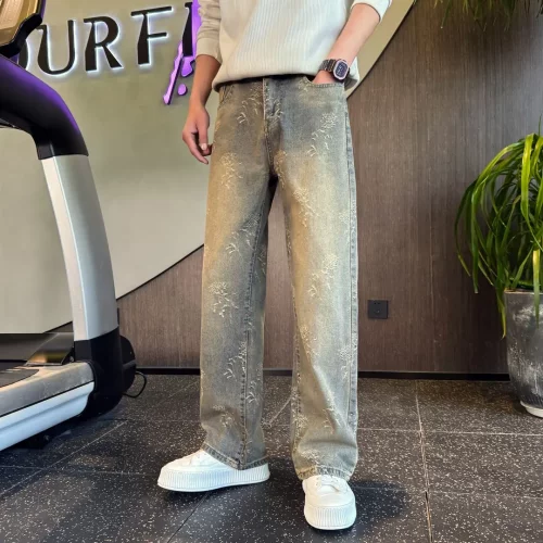 美式复古提花牛仔裤男直筒新款