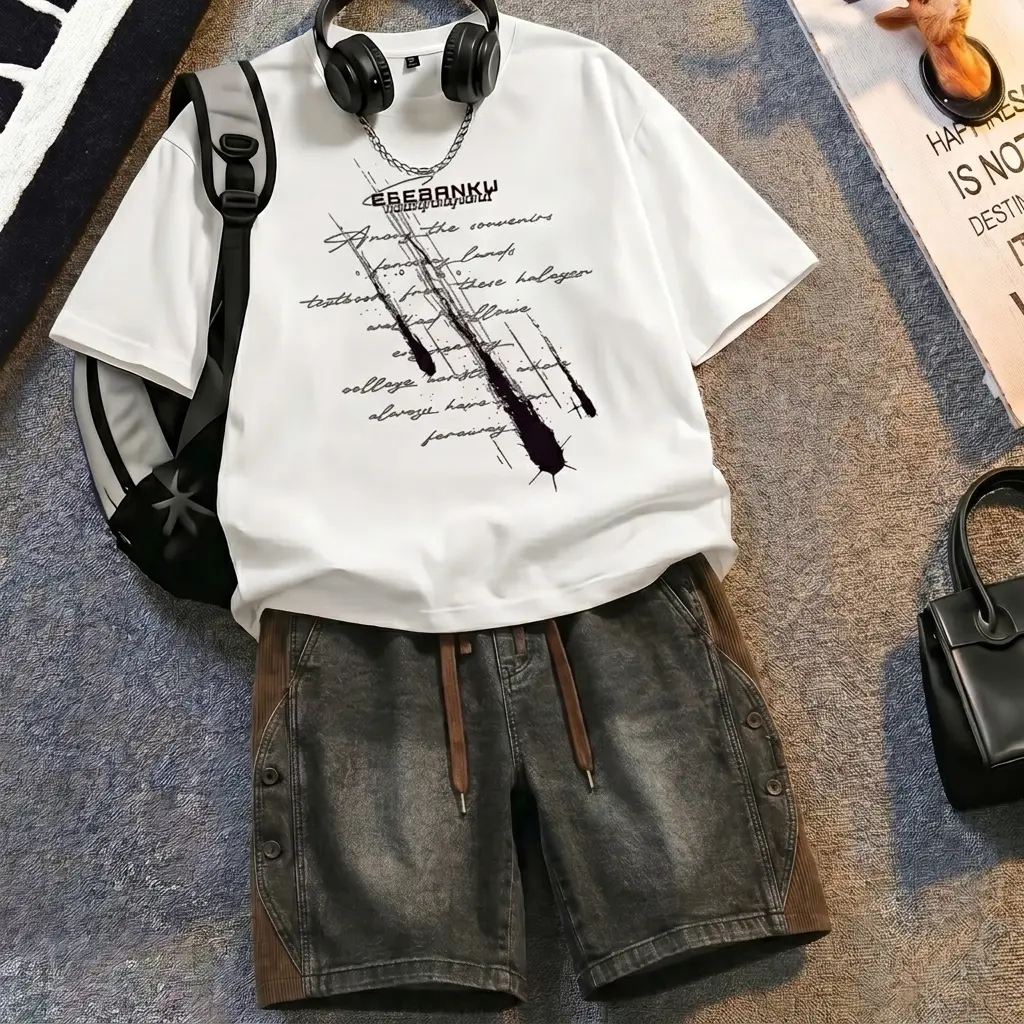 夏季潮流男装纯棉T恤牛仔短裤套