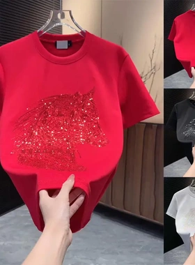 时尚潮流红色短袖T恤男士本命年烫钻休闲百搭圆领上衣帅气打底衫