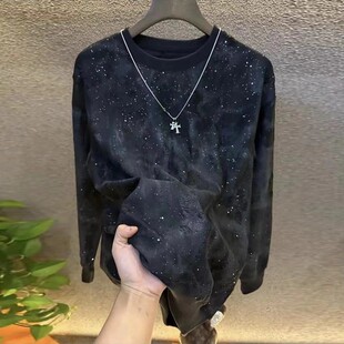 春秋新款潮流亮片渐变破洞卫衣男时尚百搭轻奢高定圆领长袖上衣潮