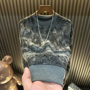 秋冬长袖卫衣新款字母男款满天星亮闪破洞男上衣爆款轻奢圆领潮流