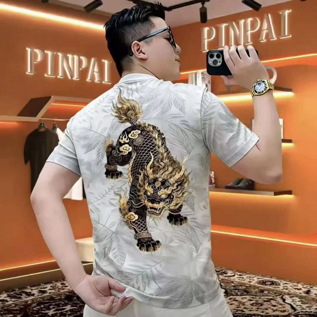 白色t桖男2026ins圆领枫叶印花上衣男半袖T恤衫韩版休闲男短袖t恤