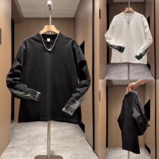 潮牌拼接衬衫 百搭长袖 袖 时尚 卫衣男 T恤男宽松痞帅打底衫 秋冬新款