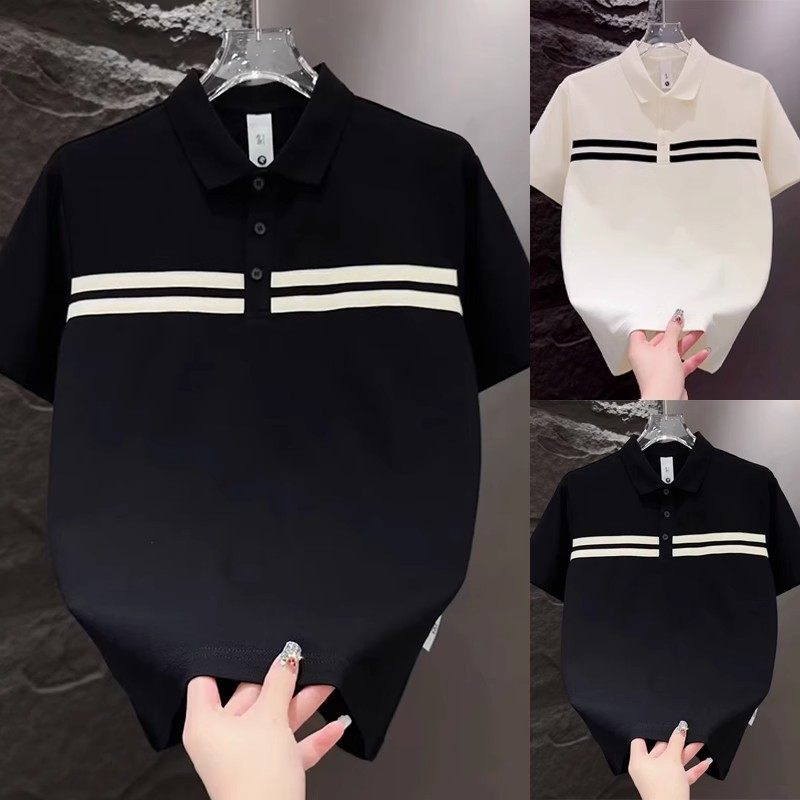 男士拼接条纹Polo衫短袖夏季2025百搭时尚青年气质轻奢半袖T恤衫,男装,T恤,淘宝优惠券,粉丝福利购,淘宝优惠卷