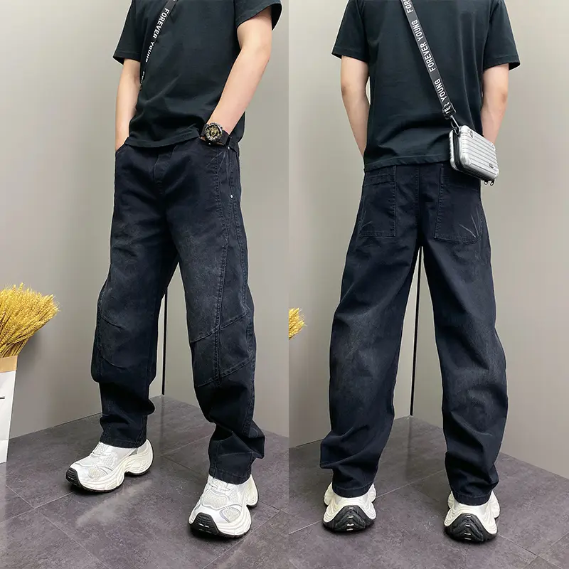 美式复古水洗黑阔腿牛仔裤男