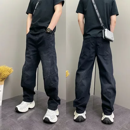 美式复古水洗黑色弯刀牛仔长裤男2026春秋宽松百搭立体裁剪阔腿裤
