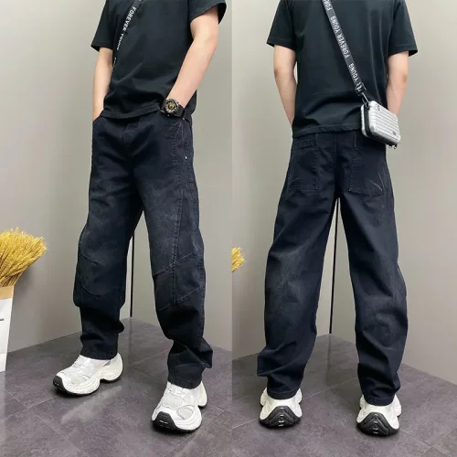 美式复古水洗黑阔腿牛仔裤男