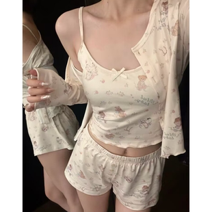 可爱女生睡衣三件套小熊印花开衫吊带短裤家居服套装春夏季可外穿
