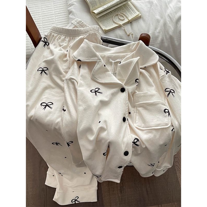 冬天保暖德绒睡衣女韩版新款蝴蝶结薄绒款长袖长裤甜美家居服套装