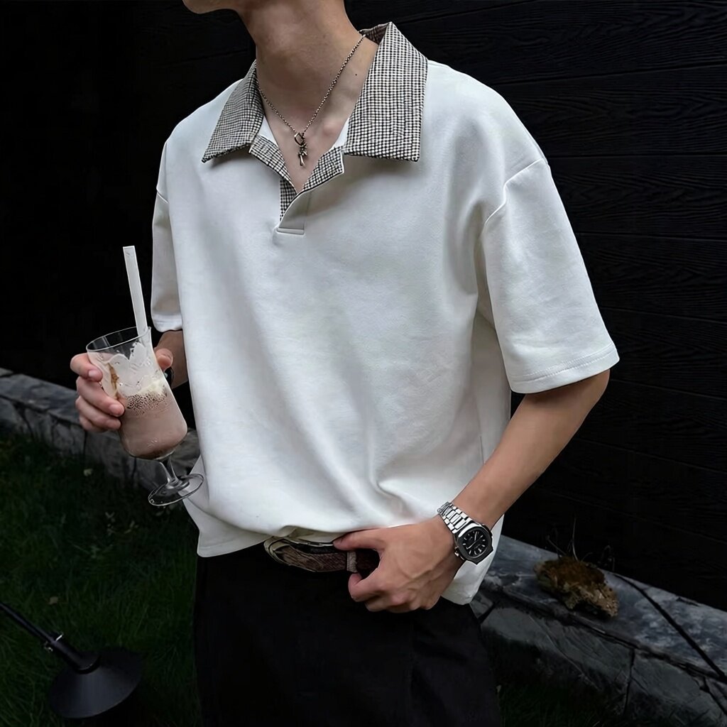 格子拼接翻领恤男夏季潮牌宽松