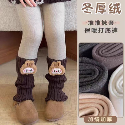 女童加绒加厚打底裤带堆堆袜套冬季外穿保暖灰色打底袜儿童连裤袜