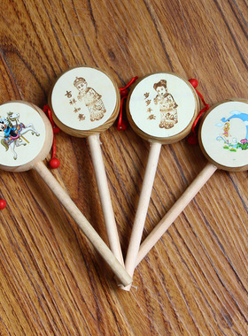 环保木质白色木鼓拨浪鼓摇摇乐摇铃儿童宝宝早教玩具地摊货幼儿园