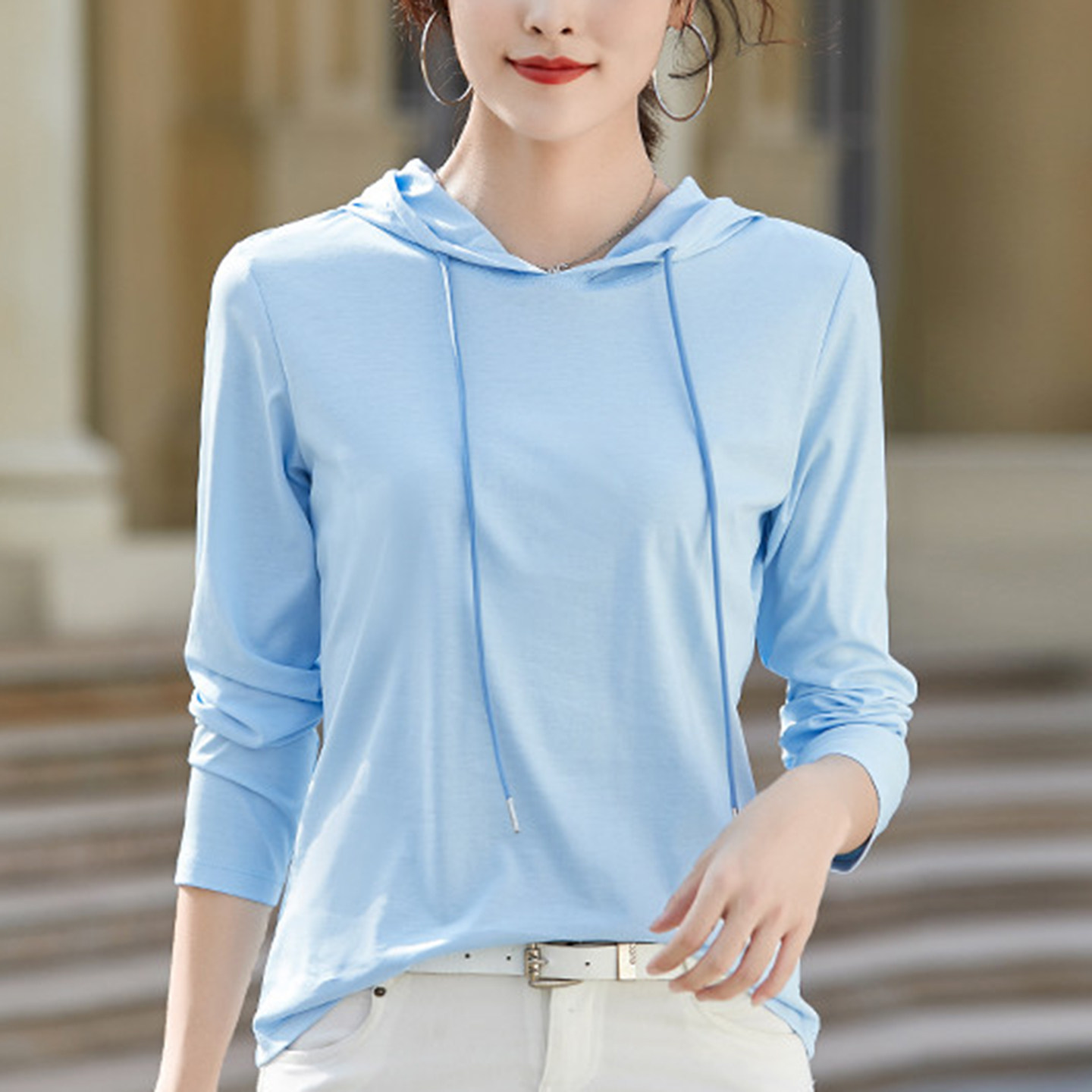 2026春新款薄款丝光棉连帽卫衣长袖t恤女带帽衫打底减龄上衣外穿