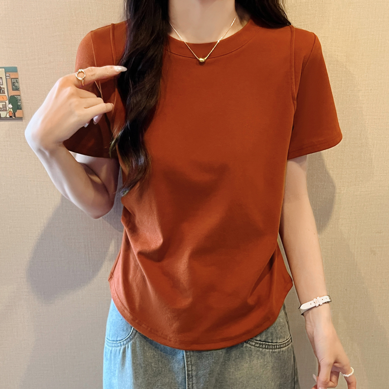 纯棉不规则下摆圆领短袖t恤女夏季新款内搭褶皱收腰小衫打底上衣