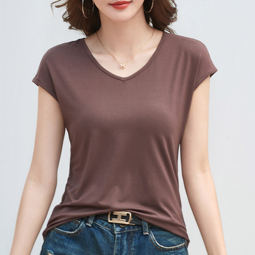 莫代尔V领女短袖宽松薄款不起球