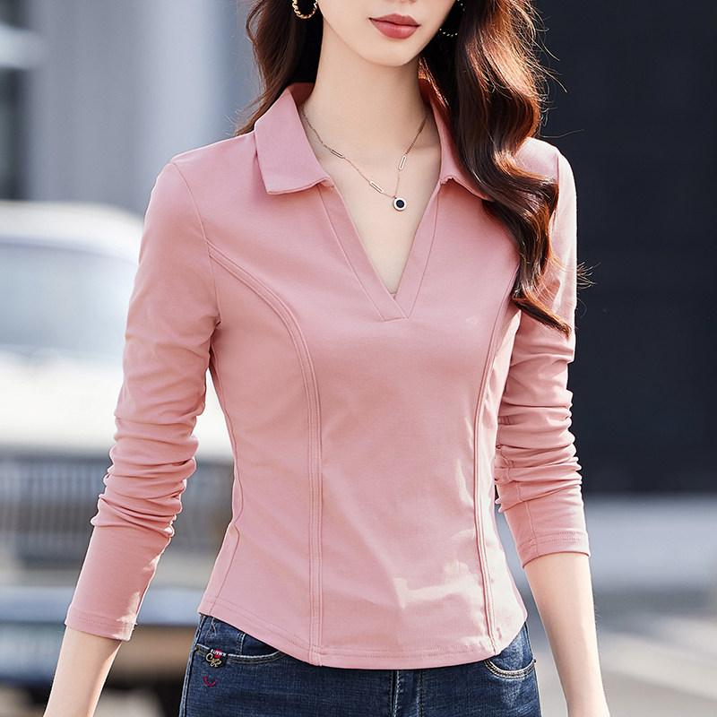 2026春秋装辣妹风纯棉正肩长袖T恤女Polo翻V领收腰鱼骨显瘦打底衫 - 实物图