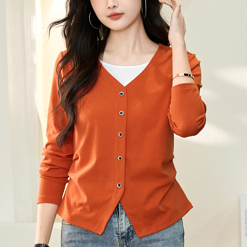 假两件纯棉长袖女T恤宽松2025秋冬新款纽扣收腰打底衫时尚V领上衣