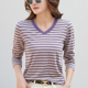 纯棉V领长袖 外穿 条纹打底衫 t恤女士新款 早春上衣中年秋衣宽松大码