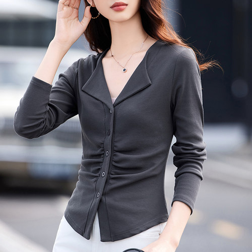 不起球螺纹棉翻领褶皱长袖T恤女