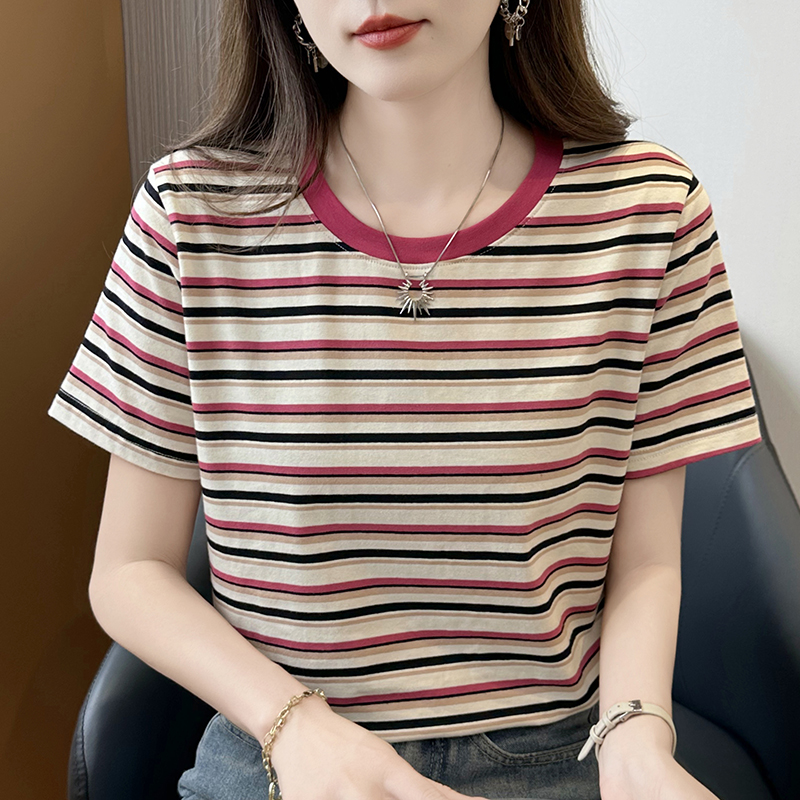 纯棉条纹短袖t恤女2025新款夏季正肩宽松显瘦圆领高端半袖体恤衫