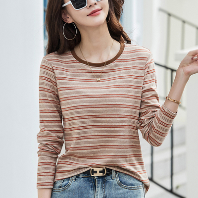不起球纯棉宽松条纹长袖t恤女