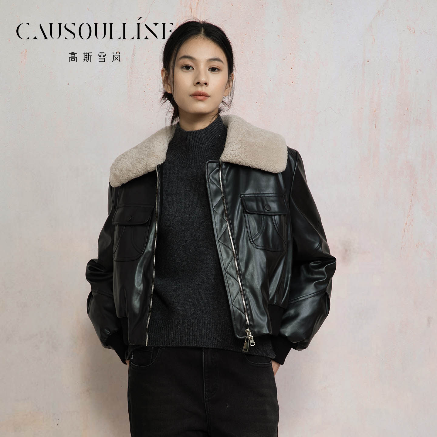 毛领PU皮时尚羽绒服外套女