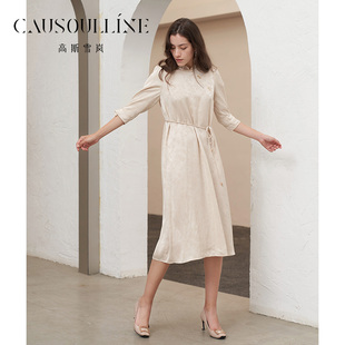 高斯雪岚2024秋季新款花边盘口系带收腰连衣裙中国式国风改良旗袍
