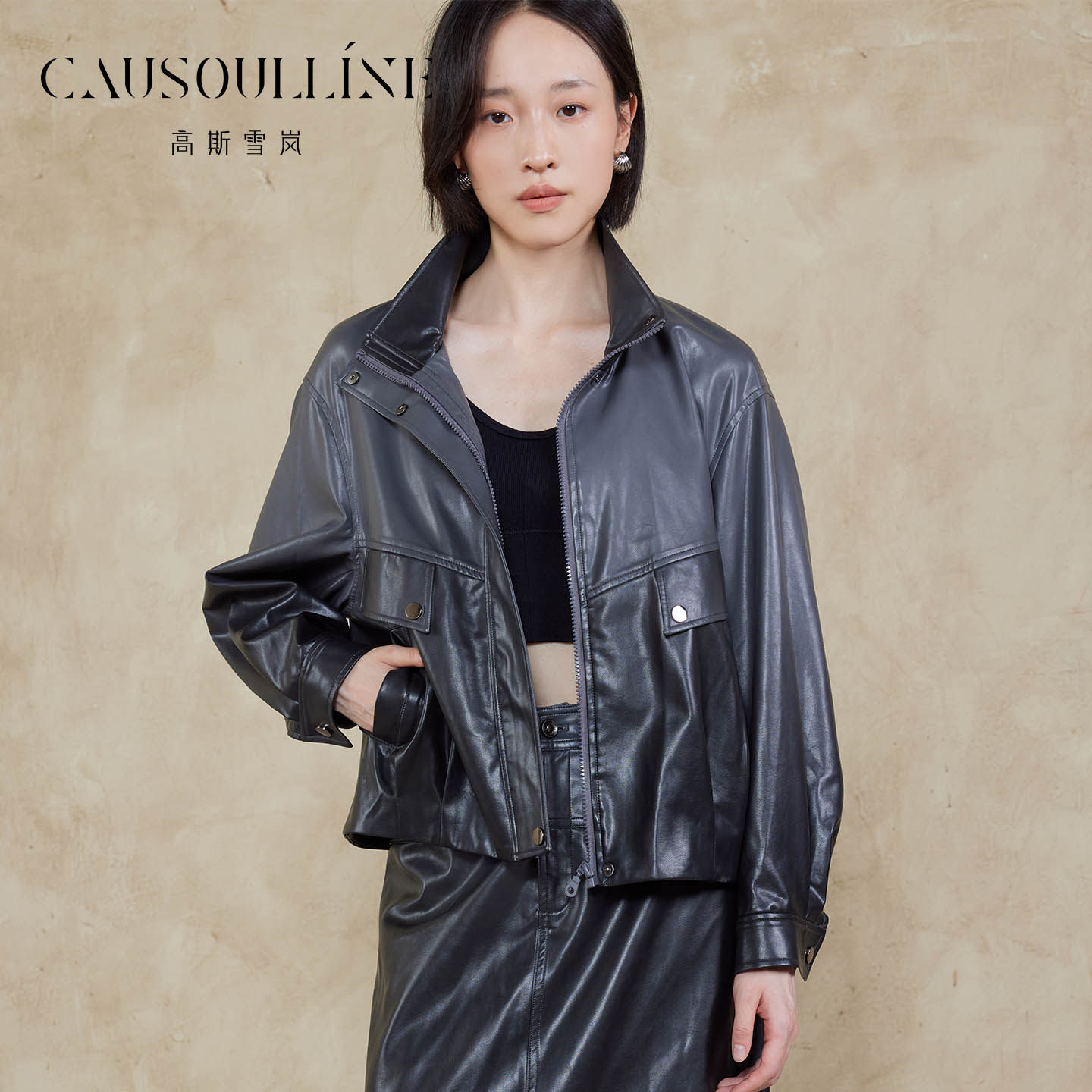 韩版显瘦翻领皮衣外套机车服