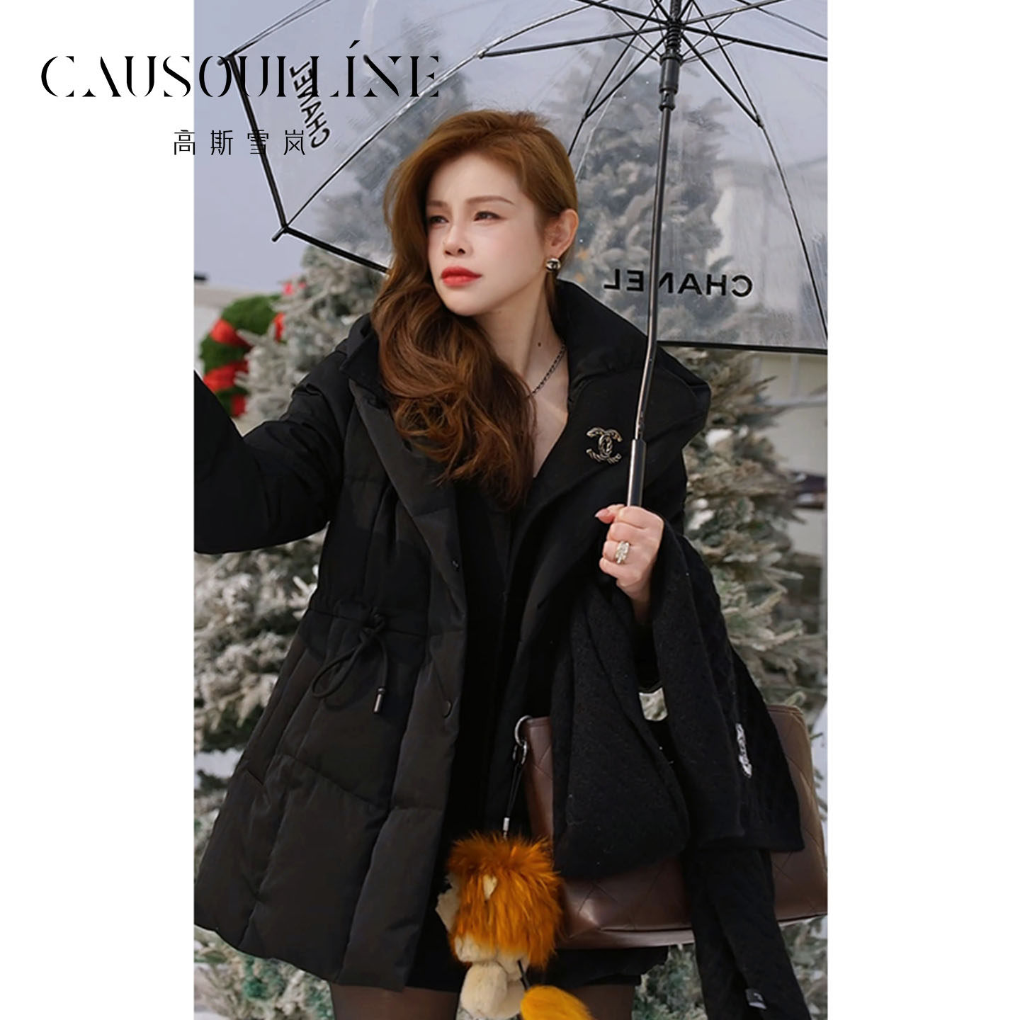 高斯雪岚黑色连帽中长款鸭绒羽绒服女收腰加厚气质外套冬25431198