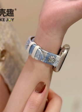 POOKEJOY适用苹果applewatch11山茶花毛呢格纹表带s10真皮s9/s8秋